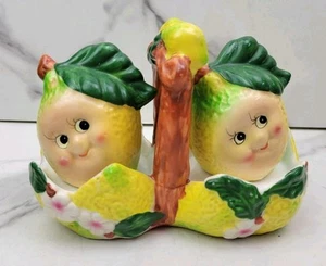 Lemon Salt & Pepper Shaker Anthropomorphic Vintage W/ Cradle Tray - Picture 1 of 18