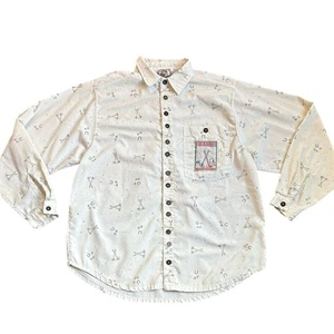 Vintage 80s Camp Beverly Hills Button Down Shirt Women’s L Cream Croquet READ - Picture 1 of 11