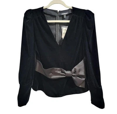 Top Express Terciopelo Negro Talla M Lazo Manga Globo Cuello en V Fiesta Evento Gótico NUEVO Foto 1 de 4