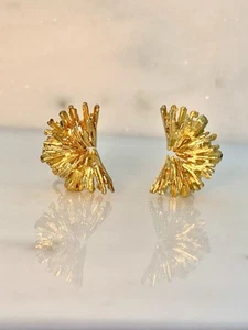9ct Gold Earrings, Modernist 1970s Vintage Ear Clips, Large Textured Finish - Picture 1 of 11