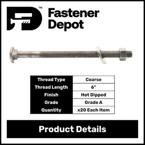 3/4”-10 x 7” Hot Dipped Galvanized Carriage Bolt Kit w/ Nuts & Flat Washers—20x - Picture 1 of 6