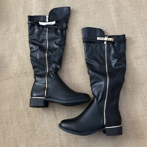 TOP MODA WOMEN'S BLACK KNEE BOOTS SIZE 8 Faux Leather Gold Metal Buckle Formal - Picture 1 of 12