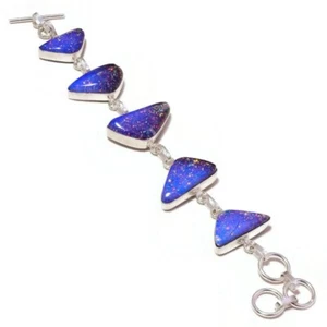 Blue Fire Australian Opal Cabochon Gemstone Silver Overlay Handmade Bracelet - Picture 1 of 3