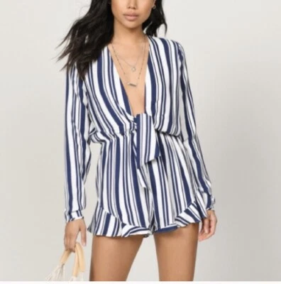 Nuevo con etiquetas Mameluco para mujer Tobi azul blanco a rayas con corbata frontal manga larga talla S Foto 1 de 4