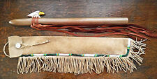Quality Signed Native American Style Carved Eagle Flute & Beaded Fringe Bag