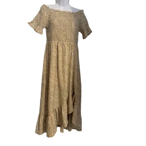 Abito donna Sunland 17 nuovo senza etichette smocked beige floreale floreale grande spalle scoperte - Foto 1 di 9
