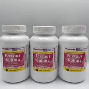 Pharbest Ferrous Sulfate Iron Supplement 325 mg, 1000 Tabs Ea- 3 Pack, Exp. 1/26 - Picture 1 of 3