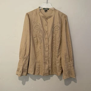 Camisa Lauren Ralph Lauren Mujer 3X Beige Lino Ojales Bordados Abotonados Top - Imagen 1 de 12