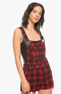Hot Topic HT Denim rot schwarz kariert Goth Grunge Shortalls Shorts Damen Rock - M - Bild 1 von 5