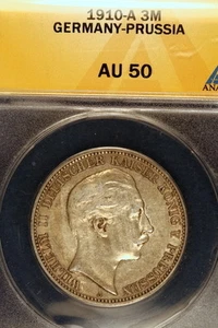 1910-A ANACS AU50 Germany-Prussia Silver Three Mark!! E0916 - Picture 1 of 2