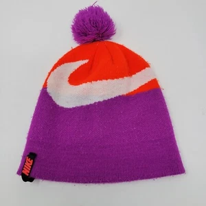 Nike Hat Girls Purple Orange Winter Knit Beanie Pom Pom Swoosh Logo Youth Kids - Picture 1 of 5