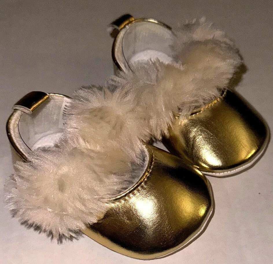 LITTLE ME slip on shoes gold/cream/faux fur size 1 (0-3 months) - Image 1 of 1