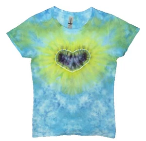 Heart Fold Ice Tie Dye T-Shirt, Women's Small SS Crew Neck Sky Blue & Lime Green - Picture 1 of 6