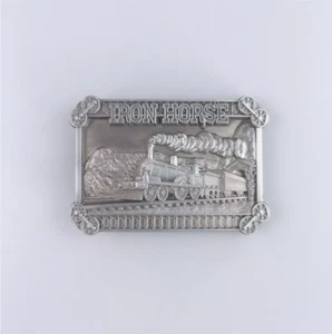 Antique Brushed Silver Iron Horse Train Belt Buckle - Picture 1 of 6