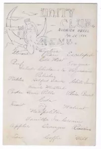 Menu disegnato a mano 1888 - Unity Club, Norwich Hotel, CT - Gufo sulla luna crescente ZZ - Foto 1 di 2