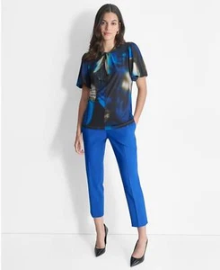 Dkny Women's Short-Sleeve Twist-Neck Blouse - Lapis Blue Size Large - Picture 1 of 3