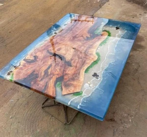 Handmade Ocean Blue Epoxy Dining Table – Artisan River Design with Wood Resin - Picture 1 of 7