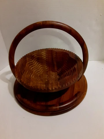 Handmade Collapsible Carved Wooden Basket Foldable Expandable Spiral Vintage Cover