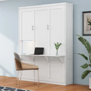 Queen Size Murphy Bed 68in Cabinet Bed Folding Wall Bed with Desk Combo-White - Picture 1 of 11