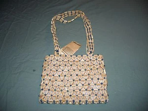 DE COLECCIÓN Madera Estampado en Forma de Flor con Cuentas Azules Bolso de Mano Nuevo con Etiquetas Correas para el Hombro - Imagen 1 de 3