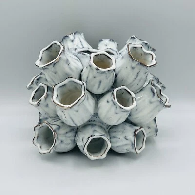 Glazed Barnacle Vase 6 1/2” x 7 1/2” White Grey Brown - Image 1 of 4