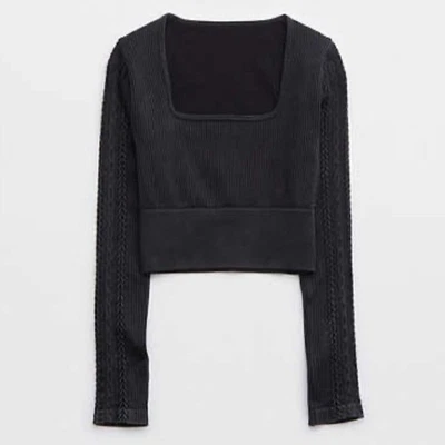 Nueva Camiseta OFFLINE By Aerie Sin Costuras Cable Cuello Cuadrado Negra Talla Mediana Foto 1 de 4