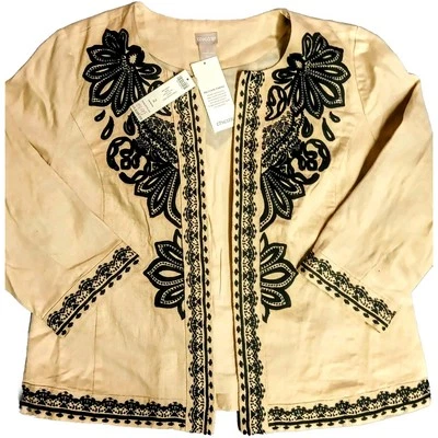 NWT Chico's Embroidered Linen Jacket Size 2 Sand Black Floral Women's Free Ship - Image 1 of 4