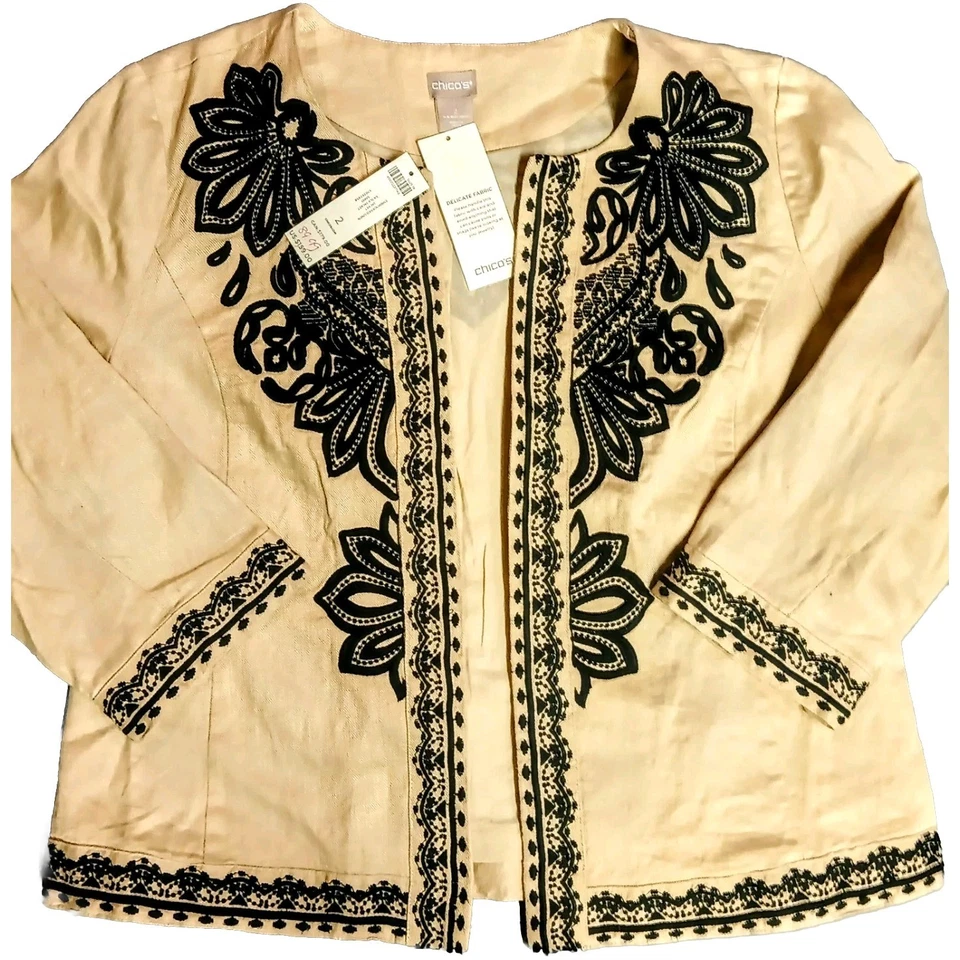 NWT Chico's Embroidered Linen Jacket Size 2 Sand Black Floral Women's Free Ship - Image 1 of 4