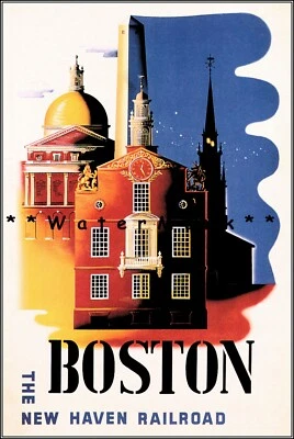 Arte retro de viaje en tren impresión póster vintage ferrocarril Boston Massachusetts 1942 Foto 1 de 4