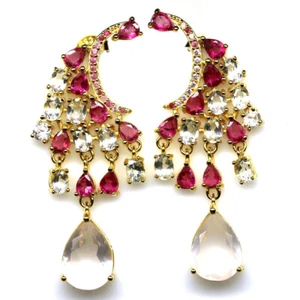 925 Sterling Silver Pink Rose Quartz, Ruby, Topaz & Sapphire Earrings Minimolist - Picture 1 of 4