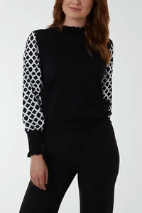 NEU DAMEN PULLOVER GEOMETRISCH ÄRMEL FRILL HALS TOP NEU MIT ETIKETT - Bild 1 von 4