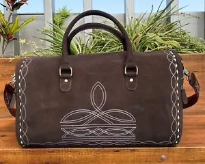 Boot Stitch Suede Leather Luggage Carry All Duffel Western Unisex Crossbody Bag - Picture 1 of 5