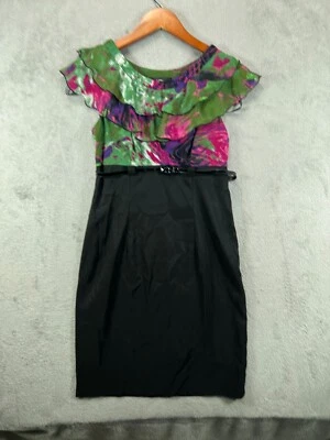 Vestido AGB Feminino Pequeno 12P Preto Multi Artístico Babado Gola Bainha Cintura Império - Imagem 1 de 4