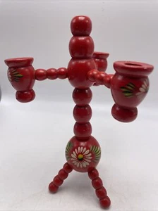 Candelabro Svezia Natale Rosso Floreale Legno Scandinavo Portacandele Vintage - Foto 1 di 9