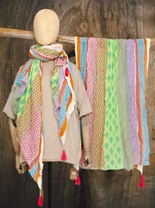 Damenschal Tuch Baumwolle 100x180cm grün bunt Quasten Blockprint Sarah & Sally