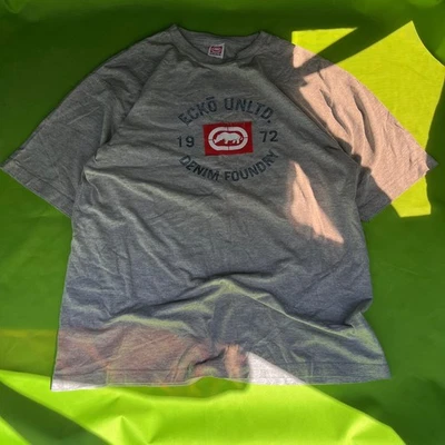 XL 90s Ecko Unltd Shirt Gray Graphic Logo Short Sleeve Denim Foundry Tee - Image 1 of 4