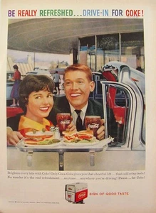 1959 Coca Cola Drive-in Restaurant Carhop Convertible Car Print Ad - Picture 1 of 1
