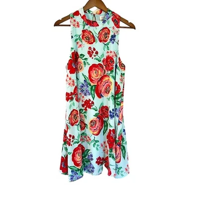 Everly Shift Sleeveless Mini Dress Size M Aqua Blue Red Floral High Neck A-Line - Image 1 of 4