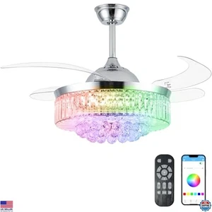 42" Crystal Chandelier Ceiling Fan with Remote, 6-Speed Retractable Blades - Picture 1 of 6