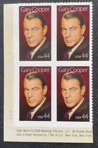 US Stamps, Scott #4421 44c 2009 Gary Cooper plate block of 4 XF/S Mint. Fresh! - Picture 1 of 2