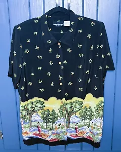 Camisa vintage negra floral con botones 20W para mujer escogiendo naranjas arte para usar - Imagen 1 de 5