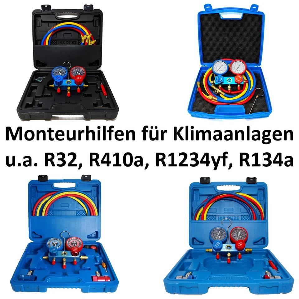 KLIMA_DE Monteurhilfen R32, R410a, R134a, R1234yf in versch. Ausführungen f. Klimaanlagen