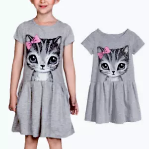 Kids Baby Girls Loose Short Sleeve Swing Dress Party Cat Print Princess Dresses - Picture 1 of 12