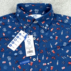 Southern Tide Men's Small Button Up Short Sleeve BBQ Print Sport Shirt Blue - Picture 1 of 8