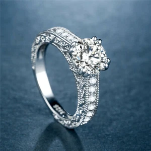 2ct Round Cut Claw Ring 925 Silver Flower Pattern Band Women's Cz Ring Size 6-10 - Picture 1 of 6