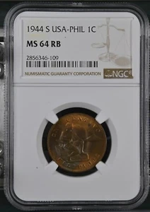 1944-S U.S. Philippines 1 Centavo NGC MS 64 RB   Choice UNC! - Picture 1 of 2