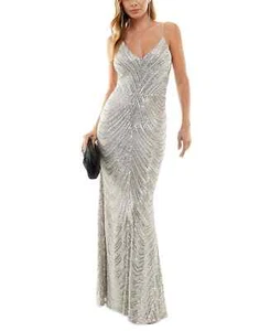 B Darlin Juniors Silver Sequined Bungee-Strap Gown Dress - 5/6 - Silver - Picture 1 of 3
