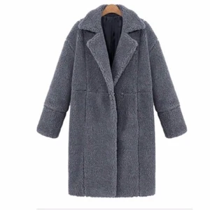 Lady Faux Lamb Wool Coat Woollen Jackets Lapel Mid Length Baggy Parka Furry Warm - Picture 1 of 14