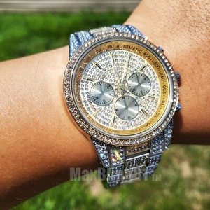 Men's Iced Watch Luxury Two Tone Bling Simulated Diamond Bracelet Hip Hop Rapper - Picture 1 of 5