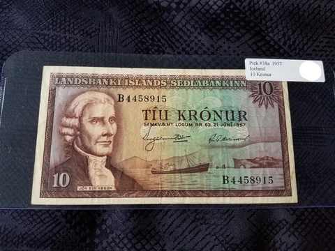Iceland 10 Kronur 1957 Pick #38a Very Fine Cover